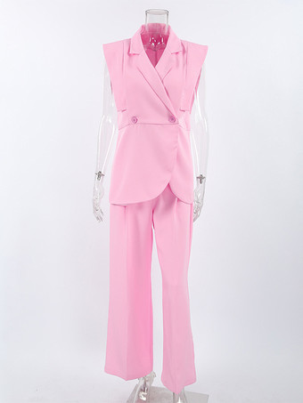 レディース用ノースリーブブレザーセット（ビジネスカジュアル） - ピンクのシックなダブルブレストテーラードカット - 2026年夏のワークスタイル