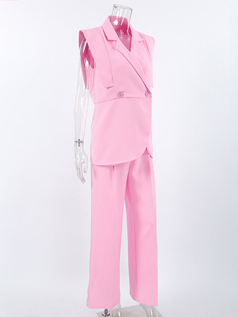 レディース用ノースリーブブレザーセット（ビジネスカジュアル） - ピンクのシックなダブルブレストテーラードカット - 2026年夏のワークスタイル