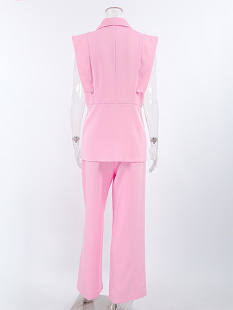 レディース用ノースリーブブレザーセット（ビジネスカジュアル） - ピンクのシックなダブルブレストテーラードカット - 2026年夏のワークスタイル