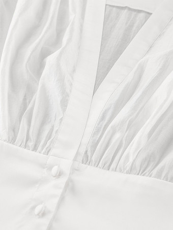 ホワイトのディープVネックレディースブラウス - セクシーなシースルー長袖トップス - フレンチスタイルのナイトアウト、春のストリートウェア2026