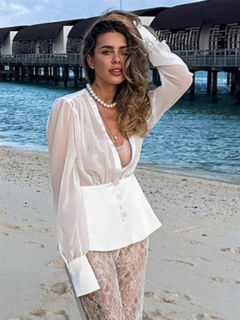 ホワイトのディープVネックレディースブラウス - セクシーなシースルー長袖トップス - フレンチスタイルのナイトアウト、春のストリートウェア2026