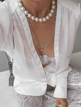 ホワイトのディープVネックレディースブラウス - セクシーなシースルー長袖トップス - フレンチスタイルのナイトアウト、春のストリートウェア2026