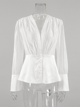 ホワイトのディープVネックレディースブラウス - セクシーなシースルー長袖トップス - フレンチスタイルのナイトアウト、春のストリートウェア2026