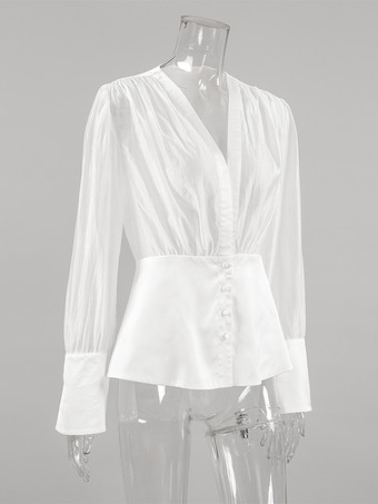 ホワイトのディープVネックレディースブラウス - セクシーなシースルー長袖トップス - フレンチスタイルのナイトアウト、春のストリートウェア2026