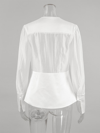 ホワイトのディープVネックレディースブラウス - セクシーなシースルー長袖トップス - フレンチスタイルのナイトアウト、春のストリートウェア2026