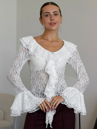 ホワイト ホワイトフローラルレースのレディースブラウス - エレガントなフリルフレアスリーブシースルートップ - コケットフェアリーコアスプリングナイトアウトクラブウェア2026