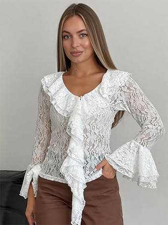 ホワイトフローラルレースのレディースブラウス - エレガントなフリルフレアスリーブシースルートップ - コケットフェアリーコアスプリングナイトアウトクラブウェア2026