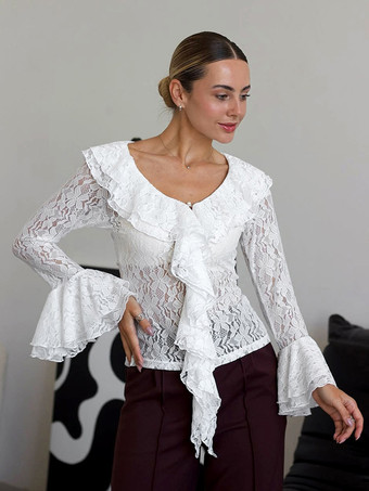 ホワイトフローラルレースのレディースブラウス - エレガントなフリルフレアスリーブシースルートップ - コケットフェアリーコアスプリングナイトアウトクラブウェア2026