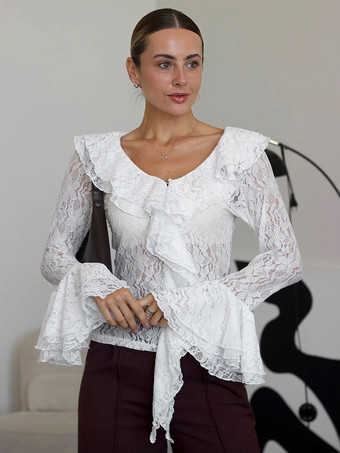 ホワイトフローラルレースのレディースブラウス - エレガントなフリルフレアスリーブシースルートップ - コケットフェアリーコアスプリングナイトアウトクラブウェア2026