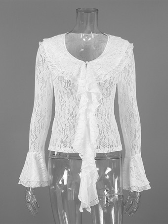 ホワイトフローラルレースのレディースブラウス - エレガントなフリルフレアスリーブシースルートップ - コケットフェアリーコアスプリングナイトアウトクラブウェア2026