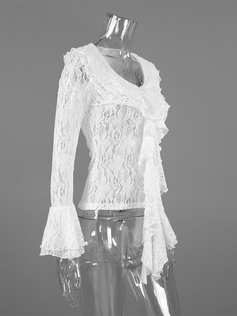 ホワイトフローラルレースのレディースブラウス - エレガントなフリルフレアスリーブシースルートップ - コケットフェアリーコアスプリングナイトアウトクラブウェア2026