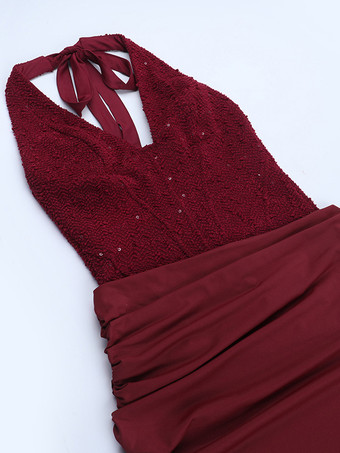 バーガンディ スパンコール レディース ホルターネック マキシドレス - エレガントなギャザー入りボディコン バックレス マーメイドガウン - プロム パーティー衣装 2026