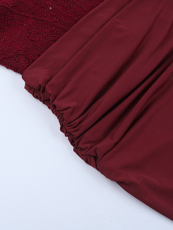 バーガンディ スパンコール レディース ホルターネック マキシドレス - エレガントなギャザー入りボディコン バックレス マーメイドガウン - プロム パーティー衣装 2026