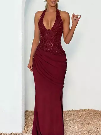 burgundy sequin halter dress Rosella Halterneck Sequin Maxi Dress Burgundy