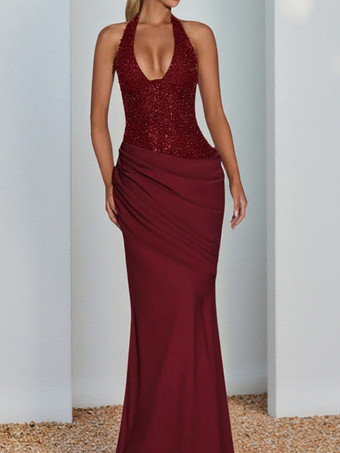 バーガンディ スパンコール レディース ホルターネック マキシドレス - エレガントなギャザー入りボディコン バックレス マーメイドガウン - プロム パーティー衣装 2026
