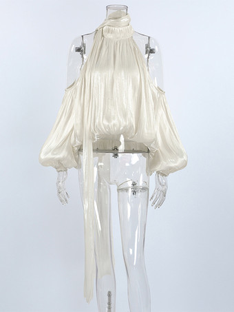 コールドショルダー レディース ホルターブラウス - エレガントなランタンスリーブ ルーズフィット トップス スカーフ付き - フェアリーコア スプリング パーティ トップ 2026