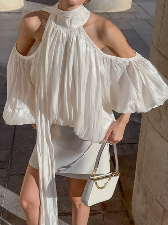 ホワイト コールドショルダー レディース ホルターブラウス - エレガントなランタンスリーブ ルーズフィット トップス スカーフ付き - フェアリーコア スプリング パーティ トップ 2026