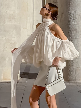 コールドショルダー レディース ホルターブラウス - エレガントなランタンスリーブ ルーズフィット トップス スカーフ付き - フェアリーコア スプリング パーティ トップ 2026