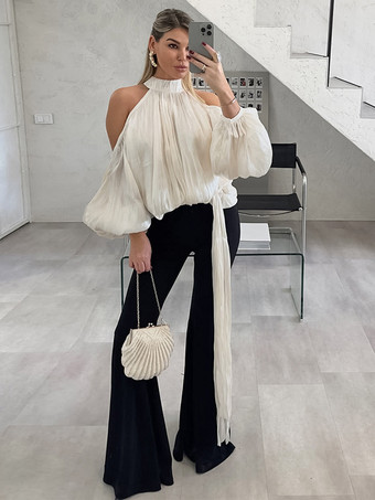 コールドショルダー レディース ホルターブラウス - エレガントなランタンスリーブ ルーズフィット トップス スカーフ付き - フェアリーコア スプリング パーティ トップ 2026