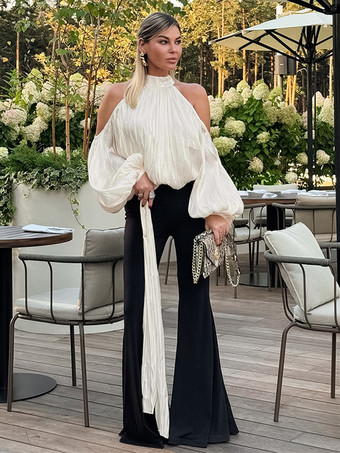 コールドショルダー レディース ホルターブラウス - エレガントなランタンスリーブ ルーズフィット トップス スカーフ付き - フェアリーコア スプリング パーティ トップ 2026