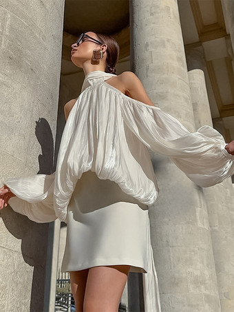 コールドショルダー レディース ホルターブラウス - エレガントなランタンスリーブ ルーズフィット トップス スカーフ付き - フェアリーコア スプリング パーティ トップ 2026