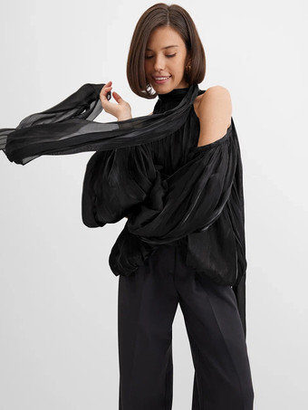 ブラック コールドショルダー レディース ホルターブラウス - エレガントなランタンスリーブ ルーズフィット トップス スカーフ付き - フェアリーコア スプリング パーティ トップ 2026