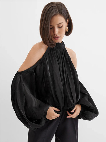 コールドショルダー レディース ホルターブラウス - エレガントなランタンスリーブ ルーズフィット トップス スカーフ付き - フェアリーコア スプリング パーティ トップ 2026