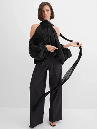 コールドショルダー レディース ホルターブラウス - エレガントなランタンスリーブ ルーズフィット トップス スカーフ付き - フェアリーコア スプリング パーティ トップ 2026