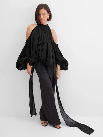 コールドショルダー レディース ホルターブラウス - エレガントなランタンスリーブ ルーズフィット トップス スカーフ付き - フェアリーコア スプリング パーティ トップ 2026