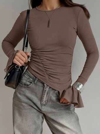 カーキ サイドギャザー入りレディース長袖トップス - シックなフレアベルカフスリムフィット - バディ風春ストリートウェア2026