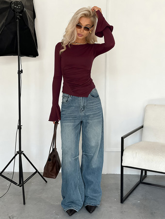 サイドギャザー入りレディース長袖トップス - シックなフレアベルカフスリムフィット - バディ風春ストリートウェア2026