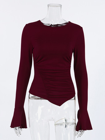 サイドギャザー入りレディース長袖トップス - シックなフレアベルカフスリムフィット - バディ風春ストリートウェア2026