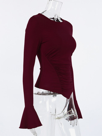 サイドギャザー入りレディース長袖トップス - シックなフレアベルカフスリムフィット - バディ風春ストリートウェア2026