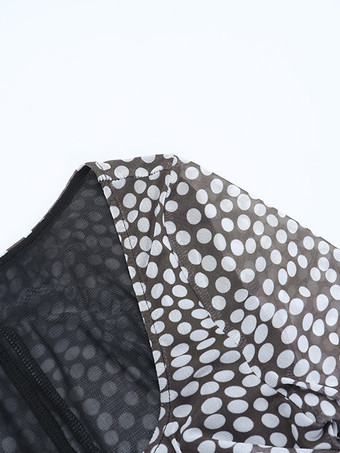 ドット柄メッシュレディースマキシドレス - レトロスクエアネック長袖ボディコン - フレンチシックな2026年春休み