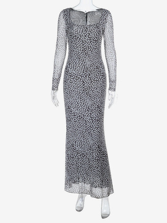 ドット柄メッシュレディースマキシドレス - レトロスクエアネック長袖ボディコン - フレンチシックな2026年春休み