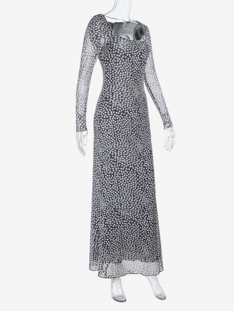 ドット柄メッシュレディースマキシドレス - レトロスクエアネック長袖ボディコン - フレンチシックな2026年春休み