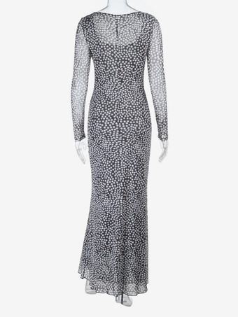 ドット柄メッシュレディースマキシドレス - レトロスクエアネック長袖ボディコン - フレンチシックな2026年春休み