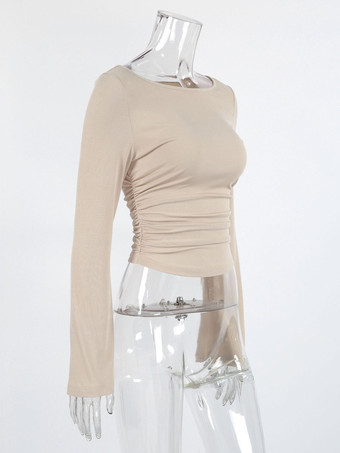 ベージュのリブ編みレディース長袖トップス - シックなギャザー入りフロントフレアスリーブスリムフィット - ミニマリストベーシックスプリングカジュアルストリートウェア2026