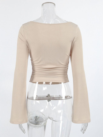 ベージュのリブ編みレディース長袖トップス - シックなギャザー入りフロントフレアスリーブスリムフィット - ミニマリストベーシックスプリングカジュアルストリートウェア2026