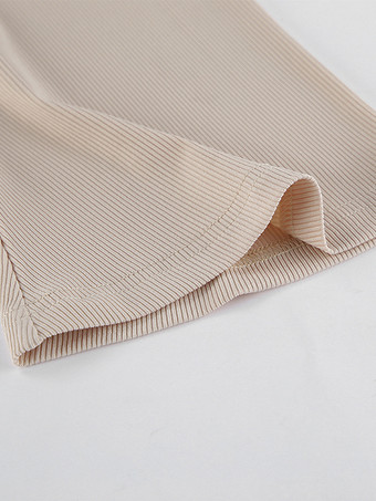 ベージュのリブ編みレディース長袖トップス - シックなギャザー入りフロントフレアスリーブスリムフィット - ミニマリストベーシックスプリングカジュアルストリートウェア2026