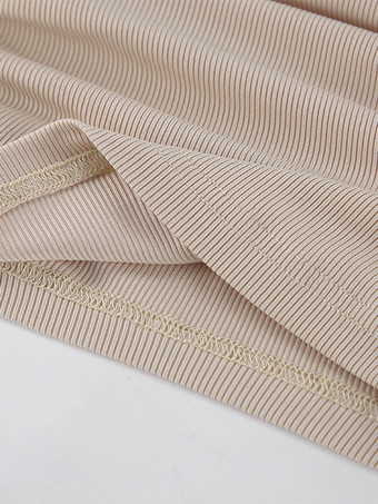 ベージュのリブ編みレディース長袖トップス - シックなギャザー入りフロントフレアスリーブスリムフィット - ミニマリストベーシックスプリングカジュアルストリートウェア2026