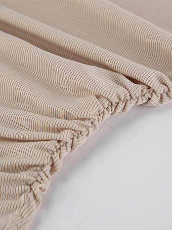 ベージュのリブ編みレディース長袖トップス - シックなギャザー入りフロントフレアスリーブスリムフィット - ミニマリストベーシックスプリングカジュアルストリートウェア2026