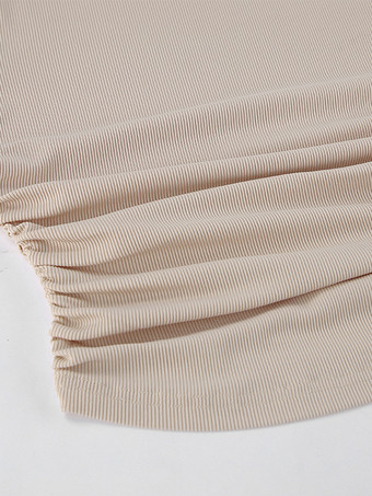 ベージュのリブ編みレディース長袖トップス - シックなギャザー入りフロントフレアスリーブスリムフィット - ミニマリストベーシックスプリングカジュアルストリートウェア2026