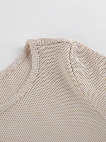 ベージュのリブ編みレディース長袖トップス - シックなギャザー入りフロントフレアスリーブスリムフィット - ミニマリストベーシックスプリングカジュアルストリートウェア2026