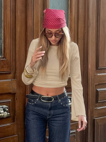 ベージュのリブ編みレディース長袖トップス - シックなギャザー入りフロントフレアスリーブスリムフィット - ミニマリストベーシックスプリングカジュアルストリートウェア2026