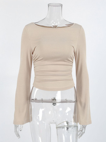 ベージュのリブ編みレディース長袖トップス - シックなギャザー入りフロントフレアスリーブスリムフィット - ミニマリストベーシックスプリングカジュアルストリートウェア2026