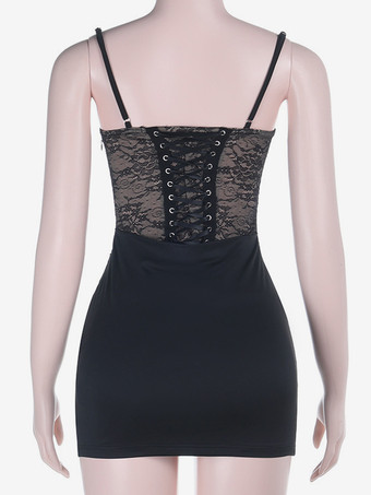 ブラックレースコルセットレディースミニドレス - セクシーな背中開きレースアップボディコン - コケットな美学サマーパーティナイトクラブウェア2026