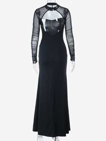 ハイカットスリットメッシュスリーブレディースマキシドレス - セクシーなオープンバックスリムブラックボディコン - ゴスコアパーティナイトアウトフィット2026