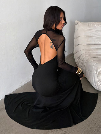ハイカットスリットメッシュスリーブレディースマキシドレス - セクシーなオープンバックスリムブラックボディコン - ゴスコアパーティナイトアウトフィット2026