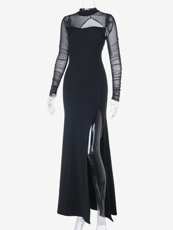 ハイカットスリットメッシュスリーブレディースマキシドレス - セクシーなオープンバックスリムブラックボディコン - ゴスコアパーティナイトアウトフィット2026